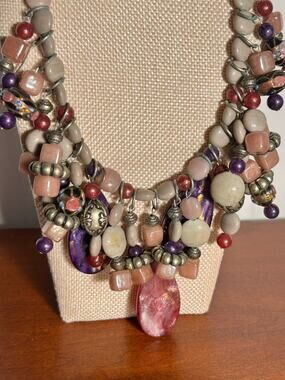 Chunky Multistrand Statement Necklace Purple Magenta Resin Teardrop Beads 17"